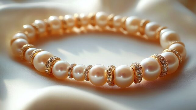 Elegant pearl bracelet with gold and diamond spacers on soft fabric background reflecting light softly