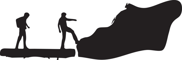 Black vector silhouettes of a woman and a girl walking with a dog on a leash, with a cat nearby in a simple nature design