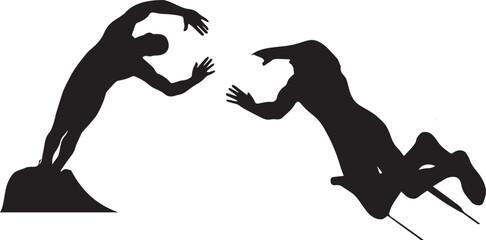 Silhouette illustration of a man and woman in motion with animals and artistic symbols in a dynamic vector style