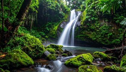 Fototapeta premium Lush, long-exposure shot of cascading waterfall in a tropical rainforest setting