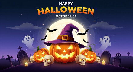 Happy Halloween, October 31 Banner with Graveyard Scene