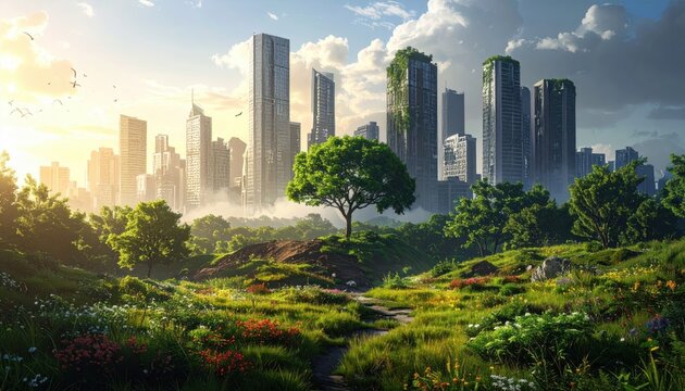A vibrant green landscape with a lone tree overlooking a futuristic eco-city skyline at sunrise. - Powered by Adobe