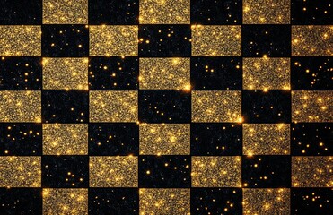 Checkerboard pattern formed by alternating dark and sparkling gold glittery squares creating a vibrant and contrasting visual effect