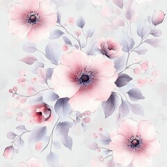 Soft watercolor painting of delicate pink flowers with purple leaves and small buds creating a gentle and calming floral arrangement