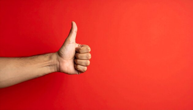 An outstretched hand with a thumbs up gesture against a vibrant red backdrop
