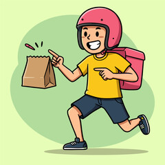 Smiling delivery person in pink helmet and yellow shirt points at floating paper bag and red pen, walking with pink backpack on light green background.
