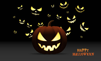 Happy Halloween with scary big pumpkin and lot of spooky eyes in the dark. Background illustration for halloween celebration