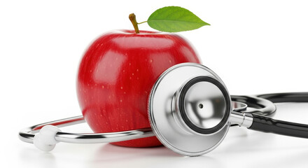 Red apple with stethoscope on white background.