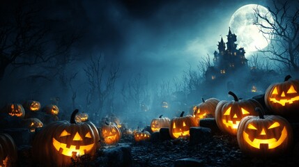 Spooky night awaits: haunted mansion among the glowing jack-o'-lanterns. Advertising photo. Glowing pumpkins and eerie haunted house in a magical night forest. Studio shot. Minimal design.