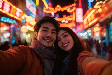 Fototapeta premium Couple enjoying a colorful night out in a vibrant city market urban setting photograph joyful atmosphere