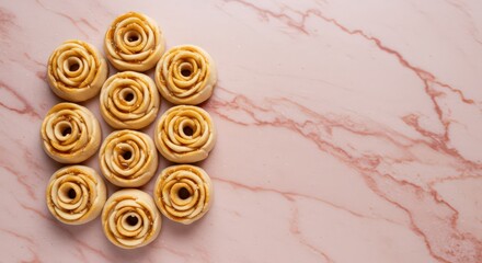 Overhead view of nine rose shaped pastries on a pink marble surface with copy space to the right