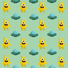 Obraz premium One Eyed Alien and Spaceship Cute Pattern Graphic