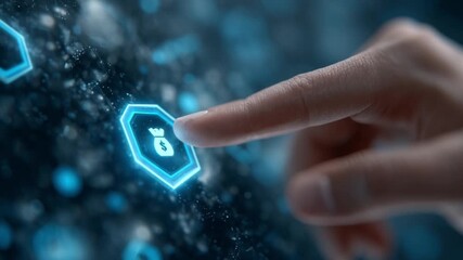 A close up of a finger tapping a glowing digital money bag icon on a futuristic interface representing fintech and digital financial transactions - Powered by Adobe