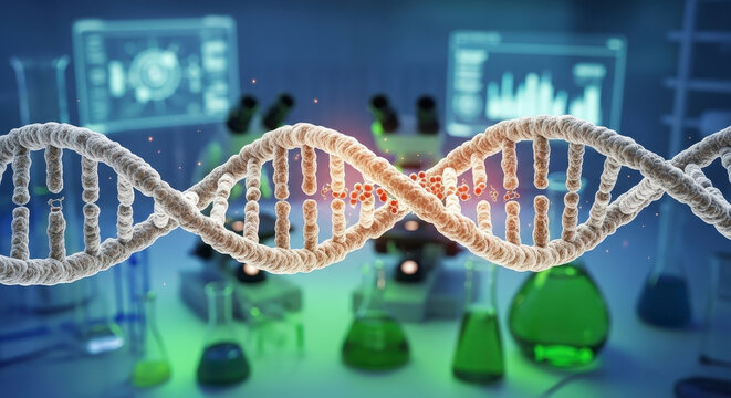 DNA strand amidst laboratory equipment