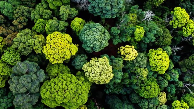 Aerial view of lush green forest canopy with various shades of green