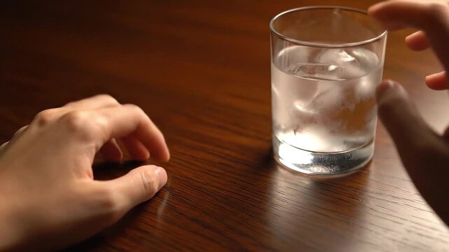 Refreshing water with ice, a moment of calm, hands nearby, glistening condensation evokes thirst and relaxation, simple pleasures