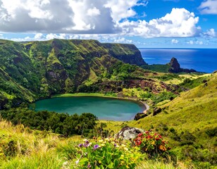 Lush, panoramic vista of a turquoise lake nestled in verdant hills