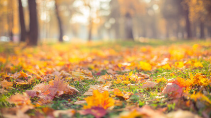 breeze. Vibrant autumn park scene with colorful foliage and falling leaves, illuminated by warm golden sunlight. representing seasonal cycles and harvest abundance.