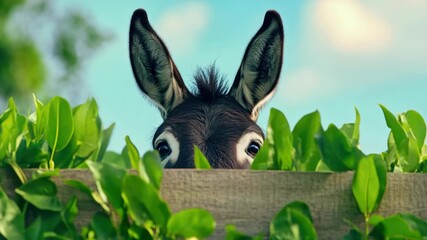 An innocent baby donkey peering over a wooden fence, evoking a sense of curiosity and delight.