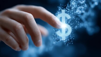 A human finger touching a glowing digital dollar sign symbolizing fintech innovation and digital financial transactions in a dark futuristic environment - Powered by Adobe