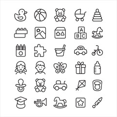 Hand-drawn outline vector illustration set of children's toys.