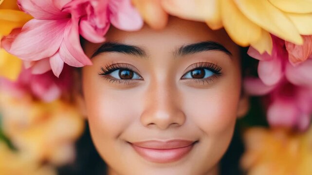A young woman with a vibrant floral crown and a nose piercing, showcasing her style and beauty.