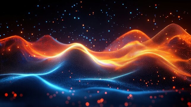 Abstract glowing waves of orange and blue light particles forming a dynamic digital landscape under a starry dark sky