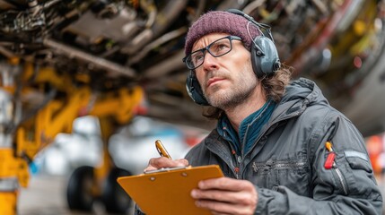 Aircraft Technician Inspecting Engine Components with Clipboard at Airplane Maintenance Hangar
