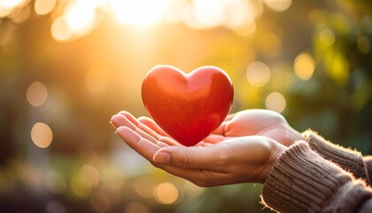 a Adult hands giving a red heart, health care, organ donation