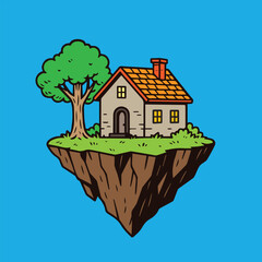 A colorful vector artwork showing a tiny house on suspended ground, created in abstract artistic style symbolizing imagination and creative freedom.