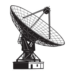 Vector illustration of a satellite control center building, designed in technical architectural style using elegant black and white with strong black outlines.