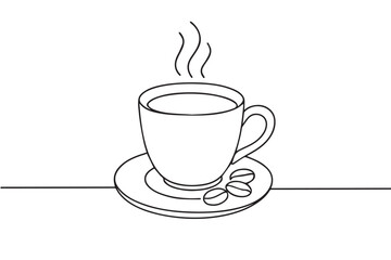 Vector minimalist illustration of a single line coffee cup, beautifully rendered in monochrome black and white with precise black outlines.