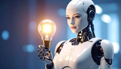 a Humanoid robot holding glowing light bulb symbolizing innovation