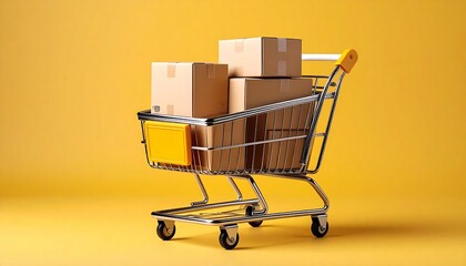 a paper boxes parcel in a trolley on yellow background shopping online