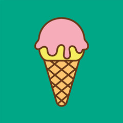 Vector illustration of a strawberry ice cream scoop on a crispy cone, beautifully designed in vibrant colorful tones with playful summer vibes.
