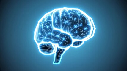 Glowing blue wireframe human brain rotating, illustrating complex neural networks, artificial intelligence, and digital connectivity. - Powered by Adobe