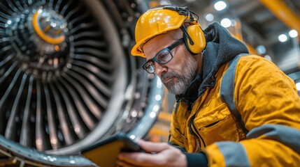 Engineer using tablet to inspect jet engine in modern aircraft maintenance facility