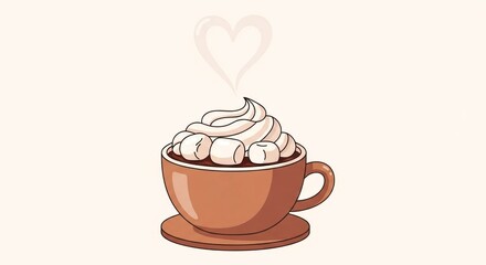 Mug of hot chocolate with whipped cream and marshmallows, a heart-shaped vapor above