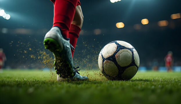 A close-up of a football being kicked mid-motion by a player&rsquo;s leg, impact captured with motion blur and flying grass. Focus on the ball and kinetic energy at the moment of contact