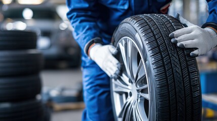 Mechanic in Blue Uniform Holding Car Tire in Auto Shop with Busy Background in Soft Focus