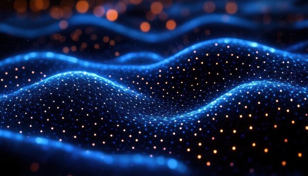 Glowing blue digital wave grid with interconnected points and flowing network structure illuminated by scattered warm orange lights creating futuristic and dynamic atmosphere - Powered by Adobe