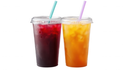 Two plastic cups filled with colorful drinks and straws  isolated shot on transparent background