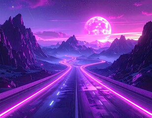 A vibrant neon highway winds through a majestic mountain range under the glow of a massive, textured moon.