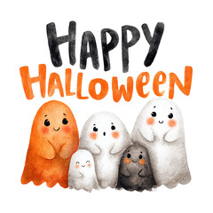 Watercolor Halloween Ghosts and Text isolated on transparent background