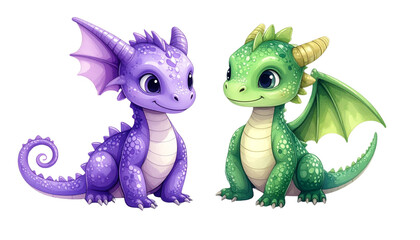 Obraz premium Adorable Cartoon Baby Dragons Isolated on White Background