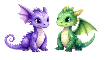 Adorable Cartoon Baby Dragons Isolated on White Background