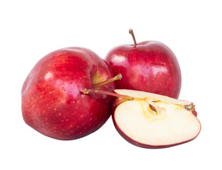 two red apples and a half of apple isolated on white background