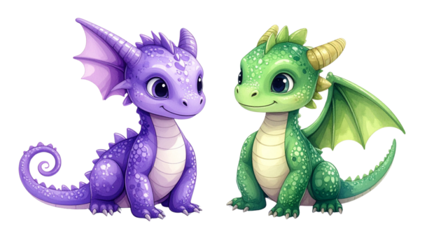 Adorable Cartoon Baby Dragons Isolated on White Background