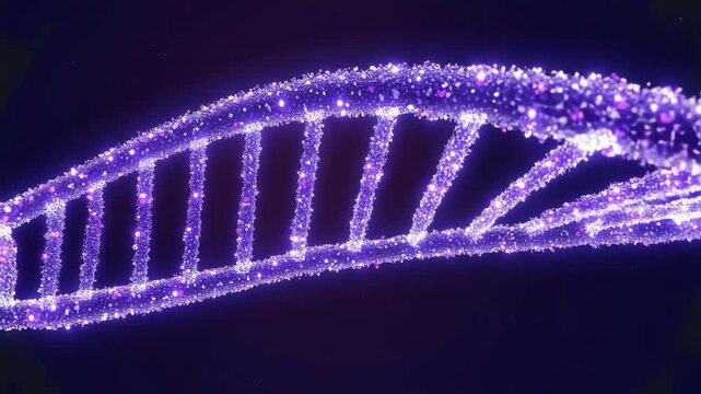 Glowing purple DNA double helix structure composed of glittering particles representing genetics and biotechnology