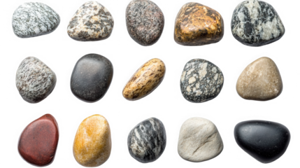 Collection of fifteen smooth stones and pebbles of various colors and textureson transparent background